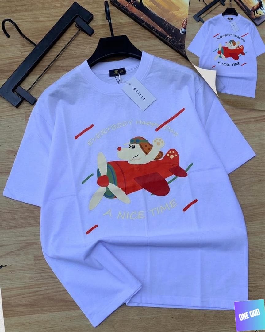 White t-shirt with dog in airplane happy day graphic.