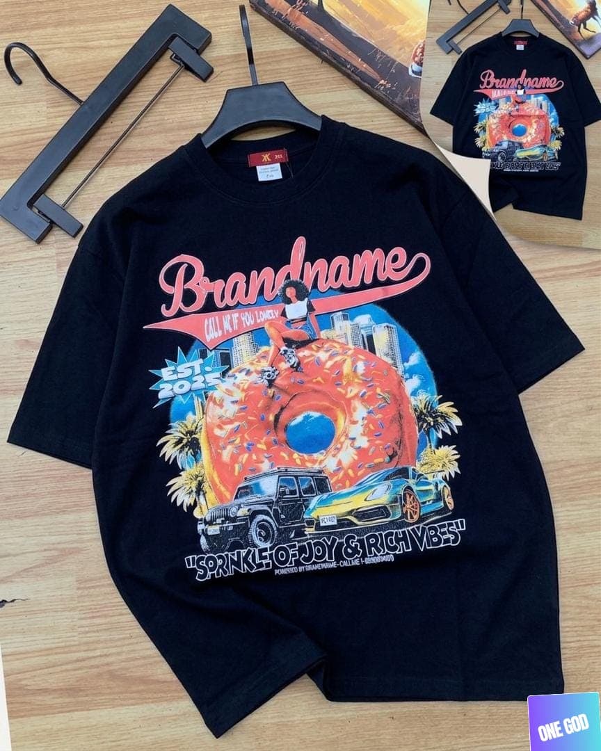 Black t-shirt with colorful donut cars palm trees graphic.