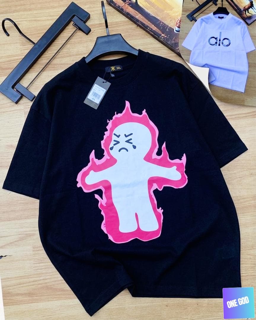 Black t-shirt with white flame ghost figure graphic on chest.