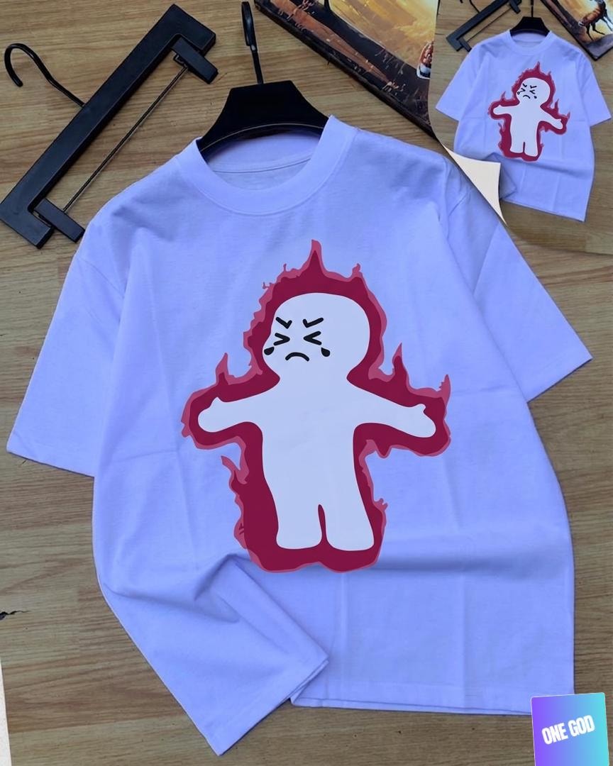 Pale blue flame ghost figure graphic tee displayed flat.