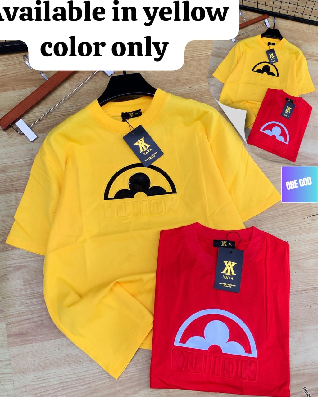 Yellow embroidered circular logo tee shown with red variant.