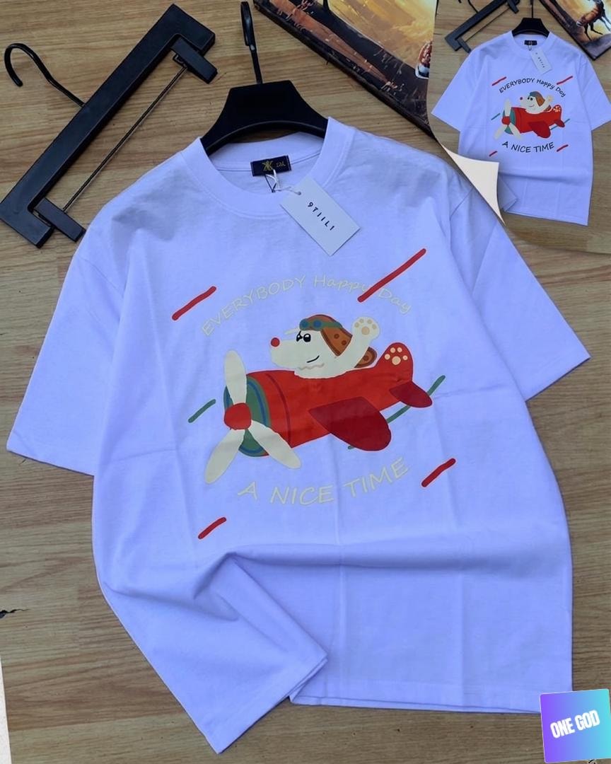 White dog airplane happy day graphic tee on hanger and flat.