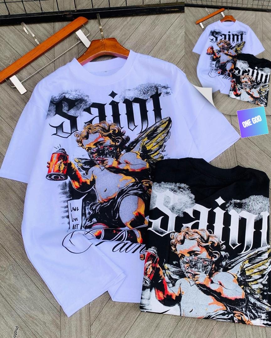 Saint angel graphic tees in white and black on hanger and flat lay.