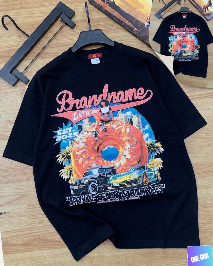 Black t-shirt with colorful donut cars palm trees graphic.