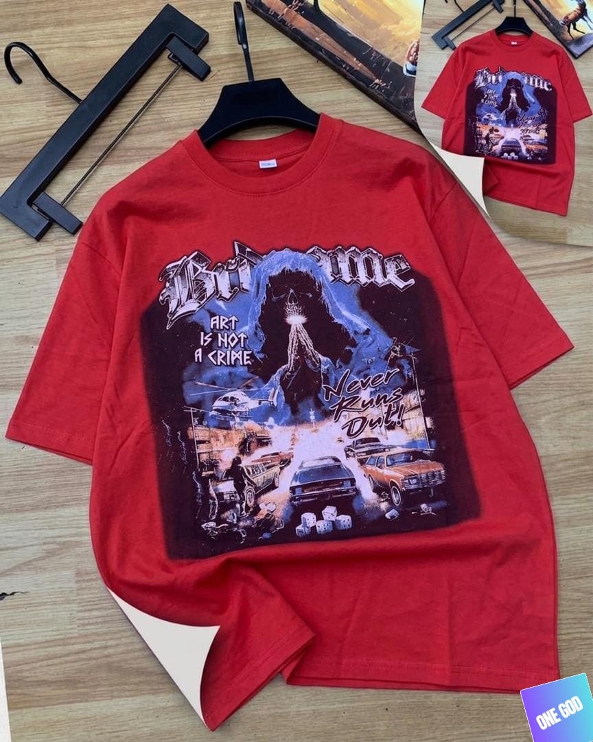 Red t-shirt with art crime skull cars chase graphic print.