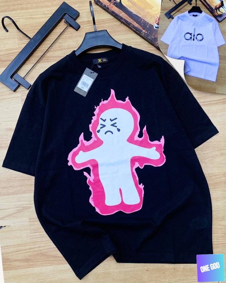 Black t-shirt with white flame ghost figure graphic on chest.