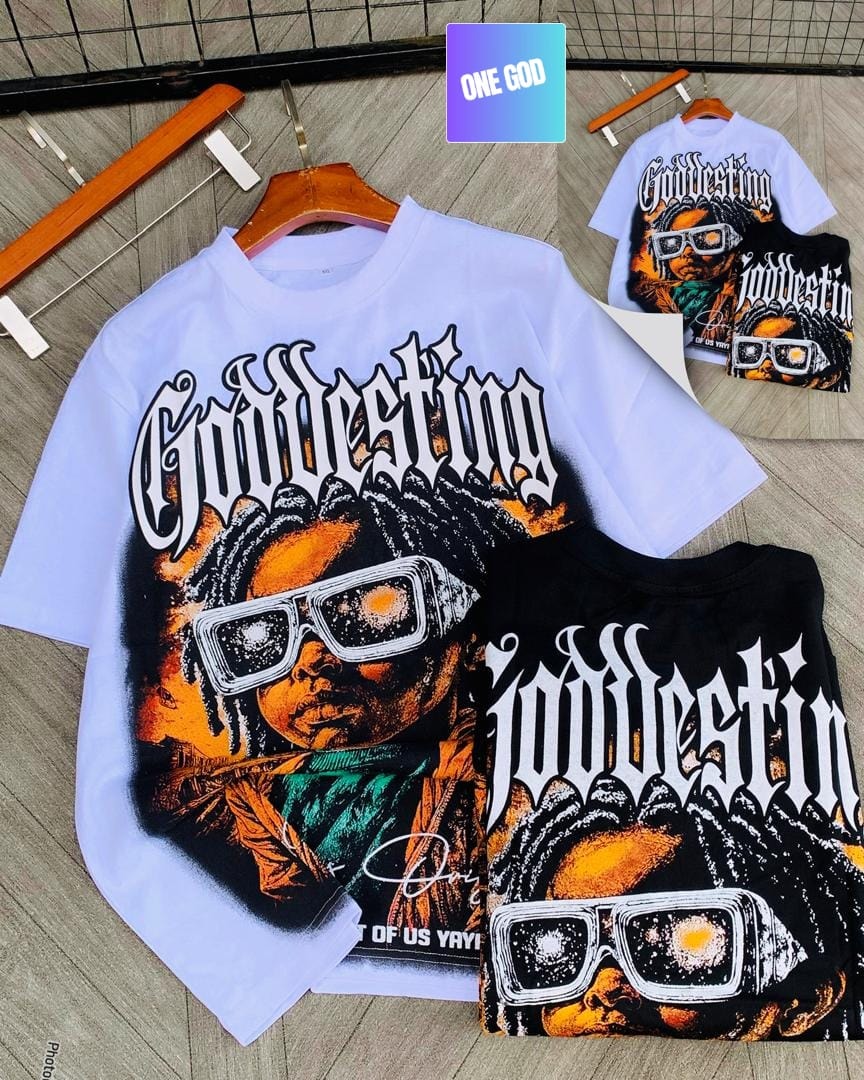White and black Godblessing dreads sunglasses graphic t-shirts, flat lay and hanger views.